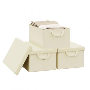 WOLTU Boîte de Rangement Pliable, Lot de 3 Paniers de Rangement en Tissu Non-Tissé, avec Poignées et Couvercle, pour Vêtements et Jouets, Crème, 48x29x20cm (WOLTU GmbH, neuf)