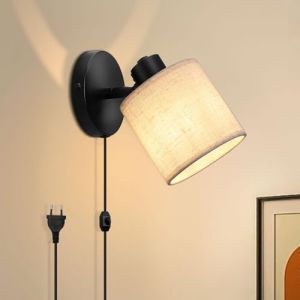 Winverty Applique Murale Interieure avec Interrupteur et Prise, Dimmable Lampe Murale avec Abat-jour en Lin Beige, E27 Pivotante Applique Murale de Chevet pour Chambre Salon (Winverty, neuf)