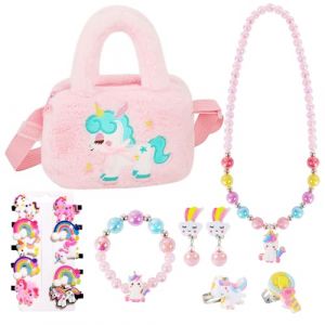 VGMANNTA Licorne fille Licorne Sac a Main avec Bijoux Enfants Fille Collier Bracelet Boucles D'oreilles Bague Set Cadeau Fille 4-8 Ans Cadeau Anniversaire Fille Bijoux pour Cadeau Anniversaire -Rose (Aniya Home, neuf)