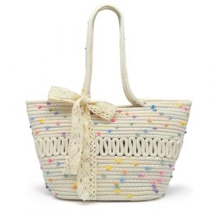 Pahajim Sac Plage Paille Cabas Femme Sac Crochet en Corde de Coton Grand Sacs Panier avec Fermeture Éclair Chic Woven Bag pour Ete Voyage Vacances (Pahajim, neuf)