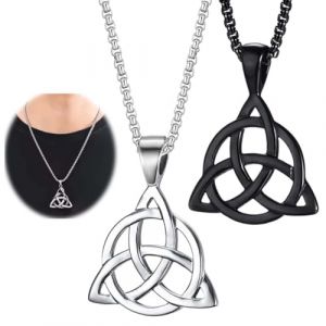 GHPKOTW 2 Collier Triquetra Celtique Noeud Celte avec Chaîne 55cm+5cm Acier Inoxydable/Noir Homme Femme Pendentif Viking Bijoux Amulette Protection (ZBr4469, neuf)