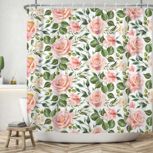 ASDCXZ Rideau de Douche Fleurs 90x180 cm, Printemps Rose Fleurs Feuilles Vertes Blanc Lavable Textile Rideau Douche imperméable pour Baignoire avec 6 Crochets (Qingjuan Trade, neuf)