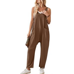Salopette pour femme Combinaison ample décontractée Combinaison jambe large Combinaison avec poches Salopette Combinaison en coton uni Pantalon marron XXL (QINGYUEEU, neuf)