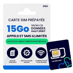 Carte SIM Prépayée Lycamobile 30 Jours USA avec 15 Go de Données 4G LTE/5G à Haute Vitesse, Appels et Textos Internationaux vers Plus de 100 Pays, Activation Rapide, Carte SIM Mobile US Triple-Coupe (JZN Market, neuf)