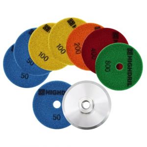 HIGHDRIL Disque de Polissage Diamant Set - 8 Pièces 100mm Grain #50x3/100x2/200/400/800 Sec Diamant Polissage Pads + M14 Support en Aluminium pour Marbre Granite Pierre Béton (NB DIATOOL DIY TOOLS, neuf)