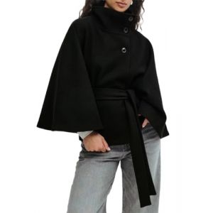 EUDOLAH Femmes Poncho &Eacute;l&eacute;gant Poncho Cape &agrave; Col Montant et Boutons pour L'automne et L'hiver &Eacute;l&eacute;gante &Eacute;charpe Cape avec Ceinture (L, Noir) (Eudolah Apparel, neuf)