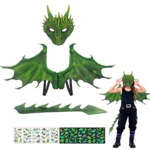 CWENDANER Costume de dragon complet pour enfants avec ailes 3D, masque et queue. Tenue de jeu de r&ocirc;le dinosaure, pour gar&ccedil;ons et filles, Halloween, carnaval, vert (Jie&M, neuf)