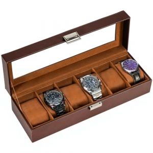 ProCase Boite &agrave; Montre Antichoc, Coffret Montre Homme avec 6 Emplacements Coussins Montre, Rangement Montre avec Couvercle en Verre, pour Passionn&eacute; d&rsquo;Horlogerie -Marron (ChangBo Store, neuf)