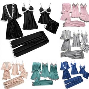 G&eacute;n&eacute;rique 5 Pi&egrave;ces Femme Sexy Chic Ensemble De V&ecirc;tements De Nuit en Satin Nuisette Dentelle Cami Chemise De Pyjama, Feminin Sensuelle Peignoir de Soie Chemisette De Nuit Ensemble De Lingerie (qieycgd, neuf)