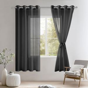 DWCN Lot de 2 Rideaux Voilages à Oeillets pour Fenêtre, Rideau Transparents avec Embrasses pour Salon Chambre d'enfant, Noir, 140x175cm (Largeur x Hauteur) (DWCN EU, neuf)