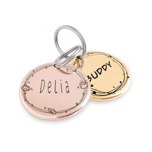 Design artistique de couronne de fleurs Porte-adresse Medaille Chien - Gravure profonde en acier inoxydable personnalisée Etiquettes plaque d'identification (Design) (MEOW the WOOF, neuf)