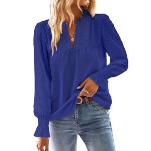 TUUHAW Tunique Femme Chemise Chic et &Eacute;l&eacute;gant Automne Col en V Manches Longues Dentelle Grande Taille Top &agrave; Point Suisse Couleur Unie Blouse D&eacute;contract&eacute; Chemisier Confortable Bleu Saphir 4XL (TROFANO, neuf)