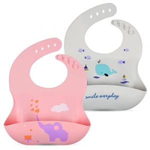 Vicloon Bavoir Bébé Silicone,2pcs Bavoirs Pour Bébé En Silicone Super Doux Bavoir D'alimentation Silicone avec Ramasse-miettes,pour Tout Petits Mangeant(rose & vert) (HANSBUY, neuf)