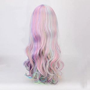 Wig for Arc-en-ciel coloré long bouclés femmes perruques synthétique haute température fibre faux cheveux Cosplay arc-en-ciel ondulé perruque cosplay cheveux taille unique arc-en-ciel perruque (long zhu tang, neuf)