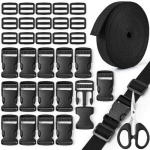 Amentalove 10M Sangle Nylon 32mm avec 15 Boucle Plastique Clip et 15 Tri-Glide Curseur, Boucle Plastique Clip Fermoir pour Sangle, Clips de Boucles R&eacute;glables pour Sac &agrave; Dos Bagages Tente (XINGPENGLAI, neuf)