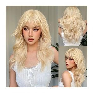 Perruques Cheveux Humains Perruques synthétiques blondes longues ondulées for femmes perruques de cheveux naturels quotidiens platine avec frange perruques Cosplay résistantes à la chaleur Perruques p (wufengjingqian, neuf)