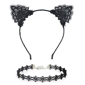 Serre T&ecirc;te Oreille de Chat, 2 Pi&egrave;ces Bandeau &agrave; Oreilles de Chat avec Collier en Dentelle, Serre Tete Halloween Femme, Serre Tete pour Halloween, Carnaval, Anniversaire, Cosplay (Aermeng, neuf)