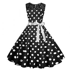 Robe Année 60 Femme Sexy Col V sans Manches Vintage Robes Année 50s Pin-Up Rockabilly Chic Et Elegante Robe À Pois Swing Retro Robe Trapèze Robe De Soirée Cocktail Mi Longue (Blingko, neuf)