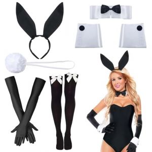 Rabbit Costume Set for Women - Playboy Bunny Costume Complete with Rabbit Ears, Headband, Tie, Cuffs and Rabbit Tail - Perfect for Carnival and Theme Parties (DBGH, neuf)