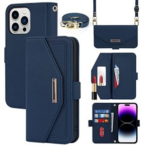 Cavor Coque Compatible avec iPhone 15 Pro Max Etui avec Cordon,Flip Portefeuille Étui Cuir,[5 Porte Cartes][Miroir][Magnétique][Réglable Collier] Housse - Bleu (Copmob, neuf)