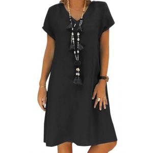 Robe d’été décontractée en lin avec col en V et manches courtes pour femme, coupe trapèze mi-longue, robe tunique sans accessoires, a noir, 3XL (xitai store, neuf)