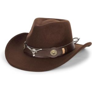 Chapeau de cowboy classique western pour homme et femme à large bord en feutre avec bandeau taureau, café, M (wodege, neuf)