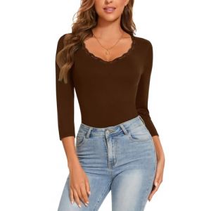 WOWENY Body élégant en dentelle à manches 3/4 pour femme, avec col en V, body de danse, body en dentelle, Marron (7), S (SONEVEN DIRECT FR, neuf)