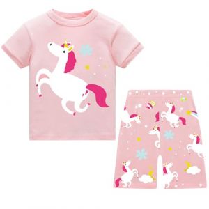 JinBei Pyjamas pour Filles, Ensemble Pyjama Court Enfant &Eacute;t&eacute; Coton Doux T Shirt Manche et Short 2 Pi&egrave;ces Rose Cheval Imprim&eacute;s Mignons Pyjashort Loungwear Set Fille V&ecirc;tement 7-8 Ans (JinBei, neuf)
