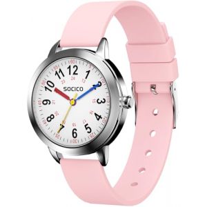 SOCICO Montre Enfant Apprentissage pour Garçons Filles,3ATM/30M Étanche Montre Aiguille pour Éducative de l'heure,Cadeau (Rose) (HongDa EU, neuf)