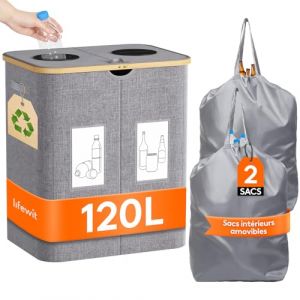 Lifewit Collecteur de Bouteilles avec Couvercle 2 Compartiment 120L, Poubelle Tri Selectif pour Plastique, Bouteilles Verre, Poubelle Exterieur de Recyclage avec Trou, Cuisine Rangement,Gris Clair (Lifewit Home FR, neuf)