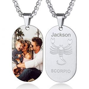 Custom4U Collier Photo Gravé Homme Pendentif Zodiaque Scorpion Personnalisé Prénom Bijoux Signe Astrologique Plaque Personnalisable (Custom4U Store, neuf)