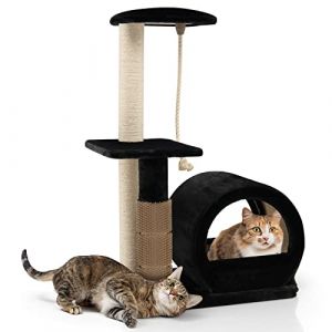 GYMAX Arbre &agrave; Chat &agrave; 3 Niveaux, Tour pour Chat avec Perchoir Sup&eacute;rieur & Condo Confortable avec Coussin & Griffoir en Sisal, Centre d'Activit&eacute;s pour Chat 56 X 40 X 92CM (Noir) (GYMAX EU, neuf)