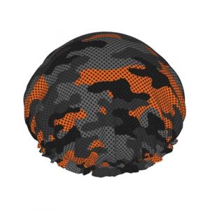 Grand bonnet de douche réutilisable pour femme – Double couche orange gris camouflage imprimé camouflage avec corde élastique et doublure en PEVA (shengCY-US, neuf)