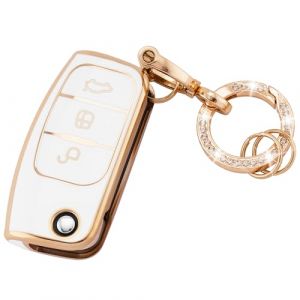 Koaudb &Eacute;tuis pour cl&eacute;s de voiture porte-cl&eacute;s compatibles avec Ford Focus 3 boutons Fiesta Galaxy Kuga C-Max S-Max Mondeo MK4 Flip Folding Key Fob (R-Frd-3F-W) (Koaudb, neuf)