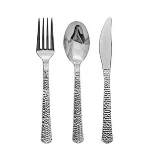 Decorline- Set de Couverts réutilisables 180 pièces- plastique rigide écologiques pour une utilisation quotidienne durable - Effet Martelé - Argent (KEREN, neuf)