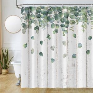 Uiiooazy Rideau Douch Gris, Rideau de Douche 180x200cm Anti Moisissure Feuilles d'eucalyptus Vert Planche de Bois Rideaux de Baignoire Tissu Lavable Polyester Rideaux Salle de Bain avec 12 Crochets (dongguibinjingpinxiaodianpu, neuf)