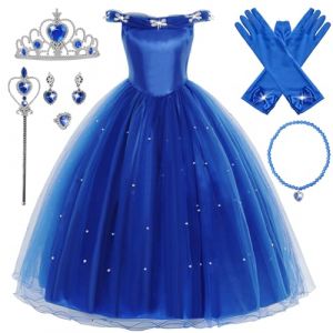 Eleasica Robe de Soirée Fille Princesse Cendrillon Robe de Princesse Elsa Reine des Nerige Baguette Magique Couronne Déguisement pour Enfant Cocktail Mariage Anniversaire Noël Carnaval,Bleu,120 (Eleasica, neuf)