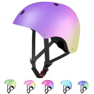 LANOVAGEAR Casque Enfant Ajustable Casque de v&eacute;lo pour Enfant Filles Gar&ccedil;ons Skate Casque Antichoc et r&eacute;sistant aux Coups pour Roller Cyclisme Skateboard Scooter (Violet+Rose+Jaune, M) (LANOVA-EU, neuf)