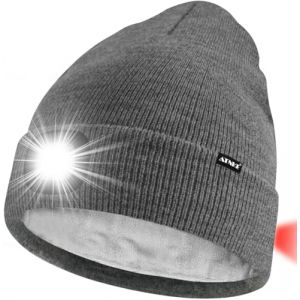 ATNKE Unisexe 8 LED Bonnet Lampe Frontale,USB Rechargeable Rouge Feu Arri&egrave;re Clignotant Chapeau de Course Lumi&egrave;re Chaud Polaire Doubl&eacute;e Tricot Bonnet Cadeaux pour Hommes et Femmes/Grey (Memorye, neuf)