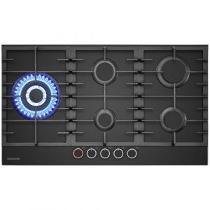 GASLAND PRO GH2905BG1FC Plaque de Cuisson à Gaz en Verre, 5 foyers avec boutons rétroéclairés, 87 cm, brûleurs en laiton, compatible gaz naturel/GPL, Réchaud à Gaz Butane 10400 W, avec 2 supports (JAL Europe, neuf)