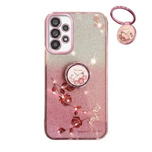 YUEQIAN Coque Paillettes pour Samsung Galaxy A52s 5G/Samsung Galaxy A52, Tr&egrave;s Mince Transparent Doux TPU Silicone Antichoc Bling Housse, Mode Fleurs Anneau Support P&eacute;tillant Filles &Eacute;tui. Rose (YUEQIAN-EU, neuf)