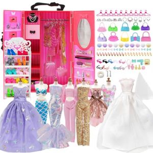 Toclsixz 112 pièces d'accessoires pour vêtements de poupées, Dressing poupée pour poupée 30cm, avec Robe de mariée, Hauts, Pantalons, Cadeau pour Filles(112pcs Armoire) (shengyi-DE, neuf)