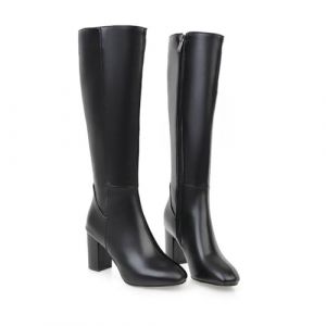 ZZQCCHL Bottes Longues &agrave; Fermeture &Eacute;clair Lat&eacute;rale pour Femmes Automne/Hiver en Cuir Verni - Talon Bloc Mi-Mollet Extensibles &agrave; Talons Hauts, Noir, 47 EU (santiaogoushangmaodian, neuf)