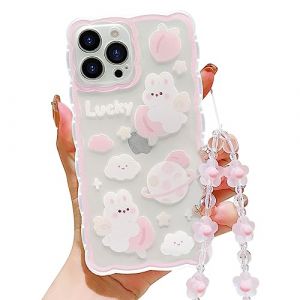 HZLFCZL Compatible avec Coque iPhone 13 Pro Max avec Chaine Wave Aesthetic Mignon Motif anim&eacute; plan&egrave;te Lapin Cute Clear Femmes Filles Kawaii Soft TPU Transparent Case for iPhone 13 Pro Max-Rose Clair (HZLFCZL, neuf)