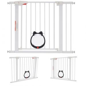 Grille de protection d'escalier - Sans perçage - Avec chatière pour chat - Extensible - Pour animaux de compagnie, petits animaux de compagnie, chiens, chats - Blanc - 93 x 76 cm (DHQCQL, neuf)