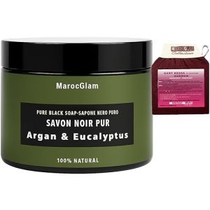 Savon Noir Gommage 250g +Gant de gommage kessa OFFERT à Huile d'ARGAN bio - huile d'Eucalyptus, exfoliant 100% Naturel - Hammam Marocain - Purifiant - MAROC GLAM (MAROC GLAM, neuf)