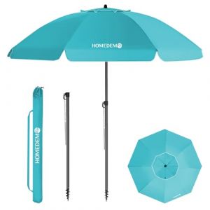 HOMEDEMO Parasol Plage Inclinable avec Revêtement Argenté, Protection Solaire UV50+, avec Pied d'Ancrage à Visser & Housse de Protection, pour Terrasse, Piscine, Marché, 200cm, Turquoise (Uniquy, neuf)