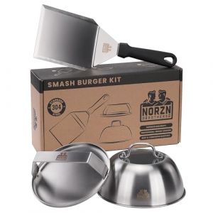 Norzn Brothers&reg; Kit Smash Burger &ndash; Presse Smash Burger, Smasher Burger, Kit Burger, Spatule Plancha, Cloche Plancha avec Couvercle Verre, Acier INOX 304, Certifi&eacute; Contact Alimentaire, Garantie 10 Ans (NORZN BROTHERS&reg;, neuf)