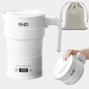 Bouilloire électrique pliable de voyage, bouilloire 0,7L avec panneau multifonctionnel, petite bouilloire pliable avec maintien au chaud et départ différé, sans BPA, 1000W, acier inoxydable 316, blanc (RHD LIVING, neuf)