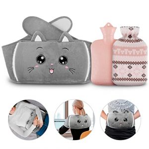 NAJILI Bouillotte, 1L Bouillotte avec Housse Peluche et Ceinture, 3 en 1 Bouillotte Eau Chaude En Caoutchouc pour Garder au Chaud et Soulager les Douleurs Abdominales Dos Cou et Épaules, Chat (QinXi-EU, neuf)